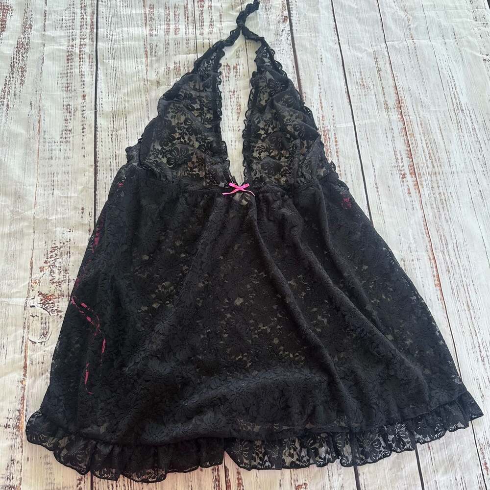 Joe Boxer Y2K Black Lace Babydoll Mini Dress Coquette Goth Fairy Grunge 1x